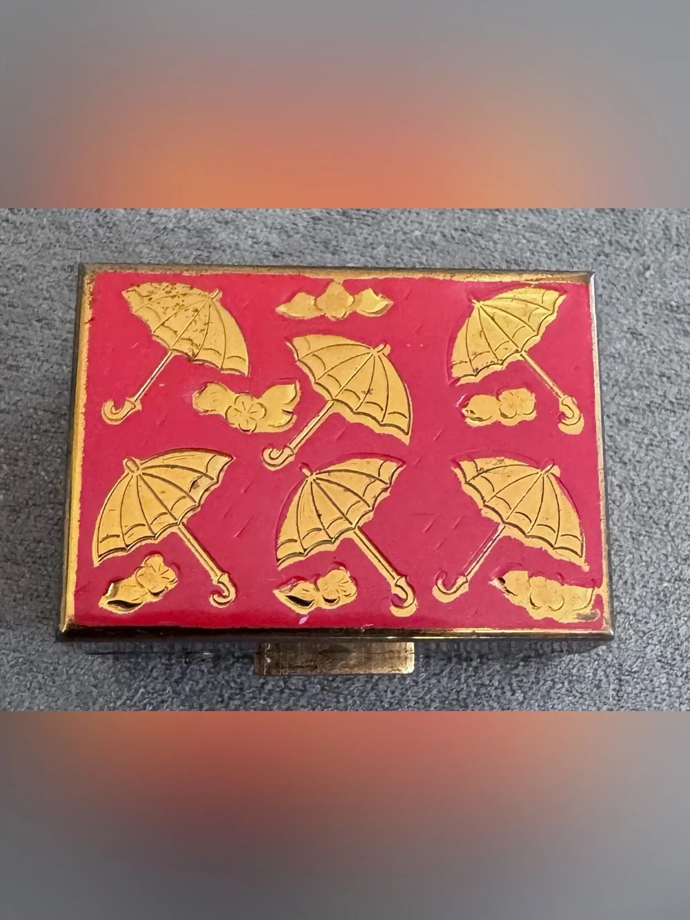Cute Red Trinket Storage Box with Gold Umbrella Accents